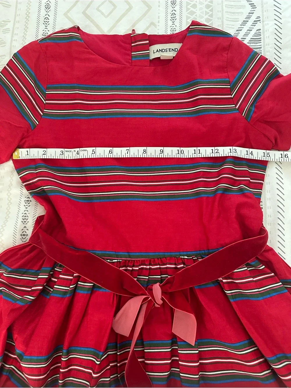 Lands’ End Girls Red Cotton Dress with Stripes, size 12